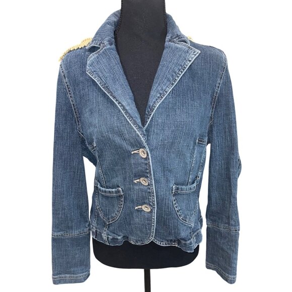 NWT J&J Originals Womens Denim Boho Artsy Retro Jacket Sunflower Fringe Detail M - Picture 2 of 11
